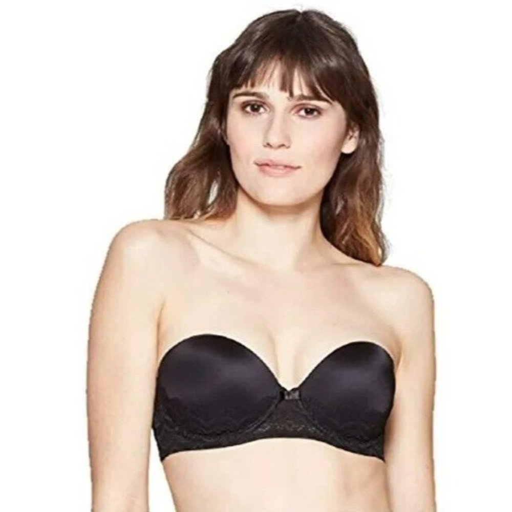 Auden Lightly Lined Push Up Strapless Underwire Black Bra w/ Lace Trim